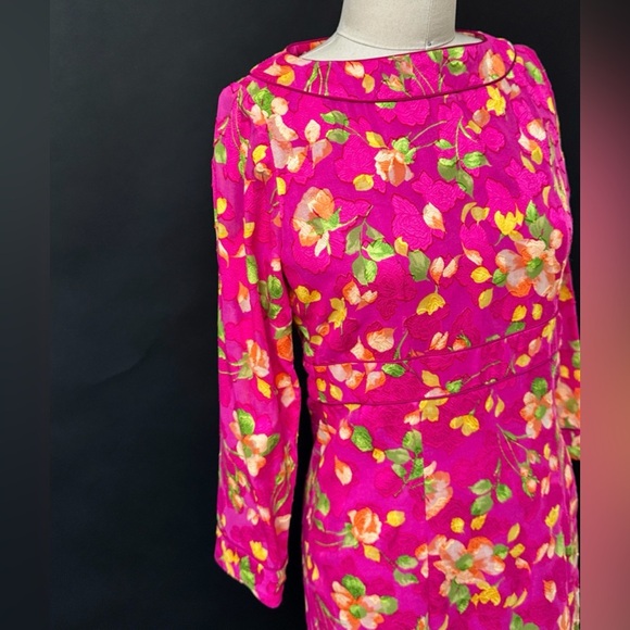 Vintage Lihli at Saks Fifth Avenue Pink Silk Floral Boat Neck Cocktail Dress 8 - Picture 4 of 11